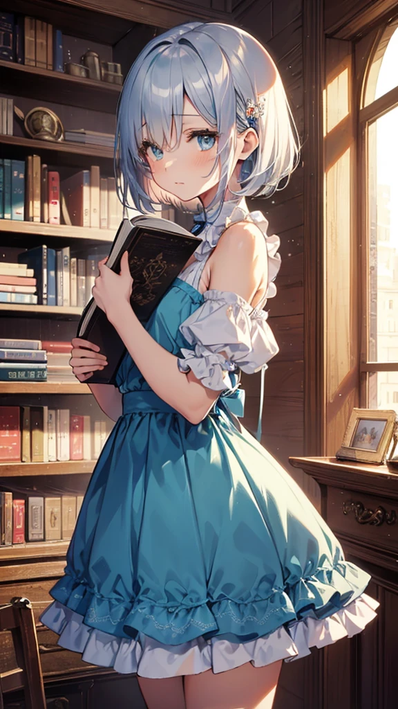 (masterpiece), (best quality), ((very detailed)), (very delicate), (A young girl),10-year-old girl, silver short hair. Soft, shiny hair. Clear cyan droopy eyes, long bangs covering her eyes. Wears glasses to avoid eye contact., Cute frilly dress with detailed textures, Luxurious room with bookshelves and fancy furniture. Often reading books,Shy, always looking down, lacking confidence, on the verge of tears