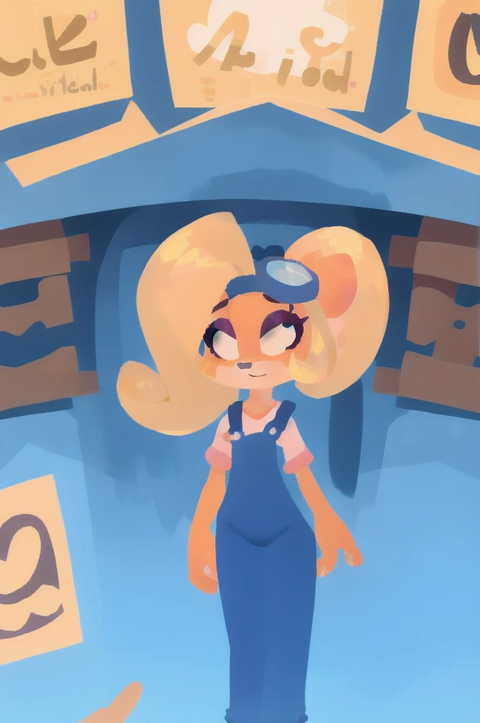 coco bandicoot, female, masterpiece, beautiful, overalls, goggles on head, ponytail, furry, animal ears, orange fur, blonde hair, green eyes, pink eyeshadow, long hair, white shirt short sleeves,  pink sleeves, denim overalls pants, cartoon style 2D