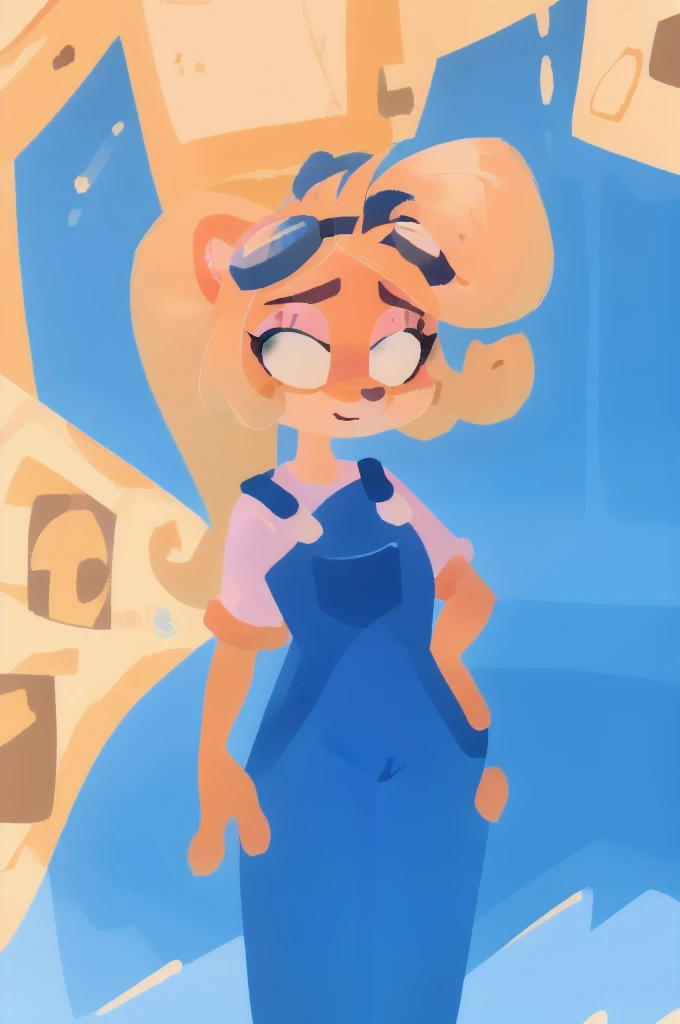 coco bandicoot, female, masterpiece, beautiful, overalls, goggles on head, ponytail, furry, animal ears, orange fur, blonde hair, green eyes, pink eyeshadow, long hair, white shirt short sleeves, pink sleeves, denim overalls pants, cartoon style 2D