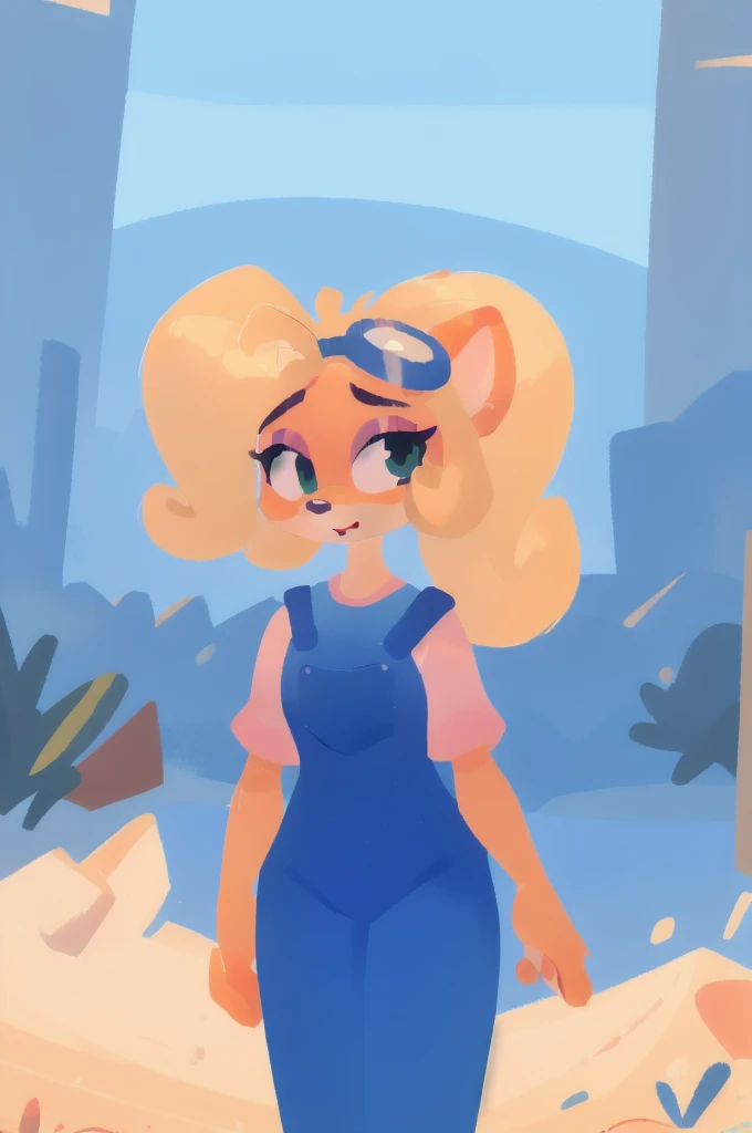 coco bandicoot, female, masterpiece, beautiful, overalls, goggles on head, ponytail, furry, animal ears, orange fur, blonde hair, green eyes, pink eyeshadow, long hair, white shirt short sleeves,  pink sleeves, denim overalls pants, cartoon style 2D