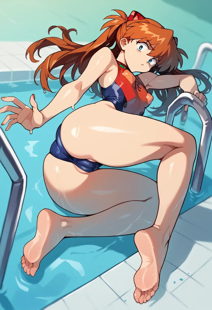 score_9, score_8_up, score_7_up, score_6_up, score_5_up, score_4_up, (source_anime), 1girl, neon genesis evangellion,( asuka langley soryu, small breasts, big Thighs, puffy nipples), far, full body, Swimming pool ,Revealing the breasts, Swimsuit, Wet, school, ass focus, pov, Taken by surprise