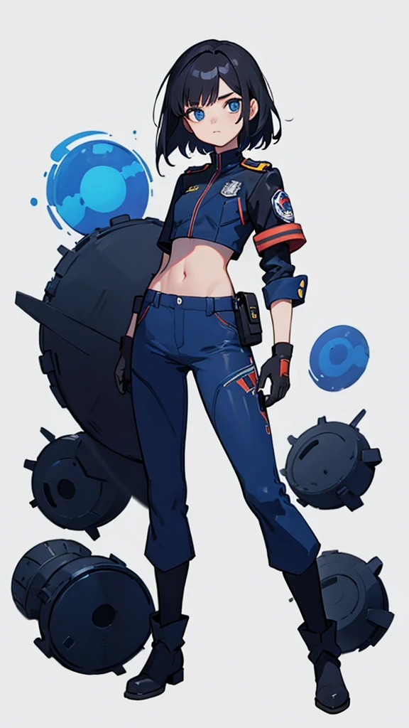 1,An android that resembles a human,Deep blue eyes,Short black hair,Dark blue uniform,Island symbol on chest,Red armband on right arm,gloves,Dark blue pants for easy movement,Many side pockets,Black leather boots,badge,White background,whole body,Character portrait,