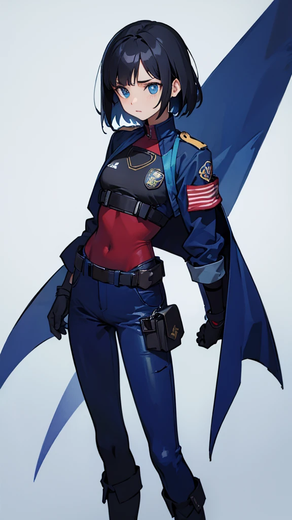 1,An android that resembles a human,Deep blue eyes,Short black hair,Dark blue uniform,Island symbol on chest,Red armband on right arm,gloves,Dark blue pants for easy movement,Many side pockets,Black leather boots,badge,White background,whole body,Character portrait,
