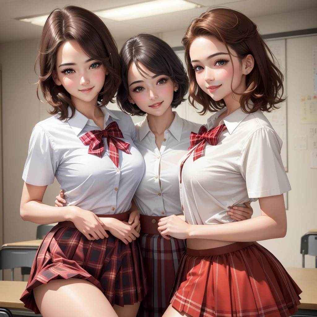 concept:Portrait oF two beautiFul women。 quality:(最高quality, 4k, high resolution, Masterpiece:1.2), super detailed, (real, photorealistic:1.37), lightning:cinematic light, Bright colors and mesmerizing eFFects, soFt and delicate lightning, soft shine, lens Flare, Subject inFormation:for 2 people, ((Two young women)), (narrow eyes), (small face), (high detailed leather:1.2), long eyelashes, bright lips, (rubio, very short hair, Blue eyes, Brown hair, wide), slim body shape:1.4, Highly Detailed Face and Skin Texture, (happy smile:1.2), Facing the Front:1.2, Photoshootのためポーズをとる, (((high school uniForm:1.2, short sleeve white shirt, red plaid skirt, seductive thighs))), Other details:school classroom:1.5, Hugging posture:1.2, beautiful skin, shiny skin, perfect fingers, five fingers, anatomically correct, background bokeh, lens Flare, 500㎜, F/4, Photoshoot,