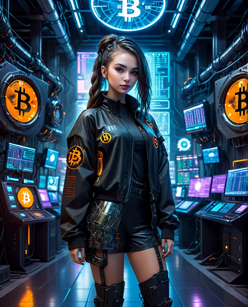 A pretty girl in cyberpunk jacket in a futuristic financial trading hall with high-tech miners mining Bitcoin, the Bitcoin symbol in a technological and electronic scenario, cyberpunk and futuristic, Science fiction, hightech, photo realist, best qualityer