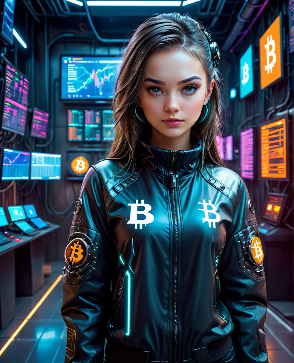 A pretty girl in cyberpunk jacket in a futuristic financial trading hall with high-tech miners mining Bitcoin, the Bitcoin symbol in a technological and electronic scenario, cyberpunk and futuristic, Science fiction, hightech, photo realist, best qualityer