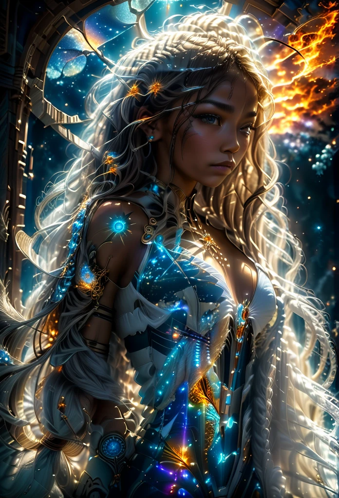 In a celestial dreamland landscape, people dressed luxuous, differents faces, they are all brown skin, (((in 40's))) (((two brown skin men and two brown skin whitehair:1.7 woman))), (((two young brown skin long brown hair prine:1.3))), (((one brown skin whitehair1.5 woman))) and (((one white hair woman1.3))) trying to kill him with powers, dangerous scene, war, battle, luminuous stars, chaos, fire, destrctions, 8K, extremely detailed, high quality, (photorealistic:1.37), Full body, vibrant colors, perfect lighting, soulful expressions, celestial aura, majestic presence, dreamlike atmosphere, 8 k artistic photography, photorealistic concept art, soft natural volumetric cinematic perfect