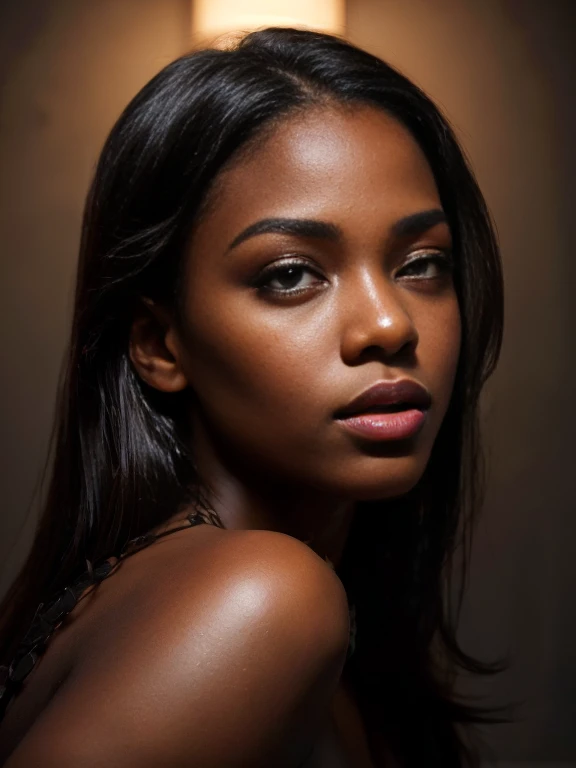 professional, atmospheric lighting, illustration, cover, (black:1.2), (portrait), splash, beautiful face detail, hazel eyes, (attractive young woman:1.3), (seductive:1.1), hips, dark skin, beautiful metimska, ((huge lips)), eyelashes, One, 1 girl, sultry expression on his face, (squint your eyes:1:1.3) contour