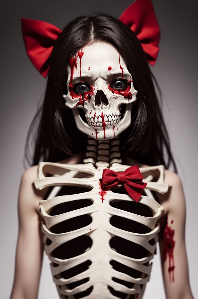 Skeleton skull oozing blood from eyes with red bow and scar on eye