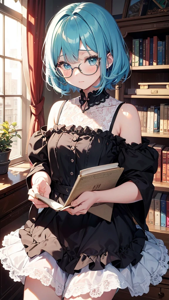 (masterpiece), (best quality), ((very detailed)), (very delicate), (A young girl),10-year-old girl, ash short hair. Soft, shiny hair. Clear cyan droopy eyes, long bangs covering her eyes. Wears glasses to avoid eye contact., Cute frilly dress with detailed textures, Luxurious room with bookshelves and fancy furniture. Often reading books,Shy, always looking down, lacking confidence, on the verge of tears