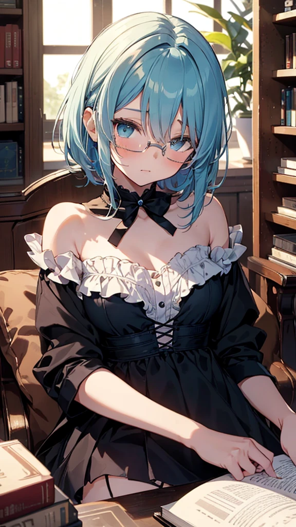 (masterpiece), (best quality), ((very detailed)), (very delicate), (A young girl),10-year-old girl, ash short hair. Soft, shiny hair. Clear cyan droopy eyes, long bangs covering her eyes. Wears glasses to avoid eye contact., Cute frilly dress with detailed textures, Luxurious room with bookshelves and fancy furniture. Often reading books,Shy, always looking down, lacking confidence, on the verge of tears