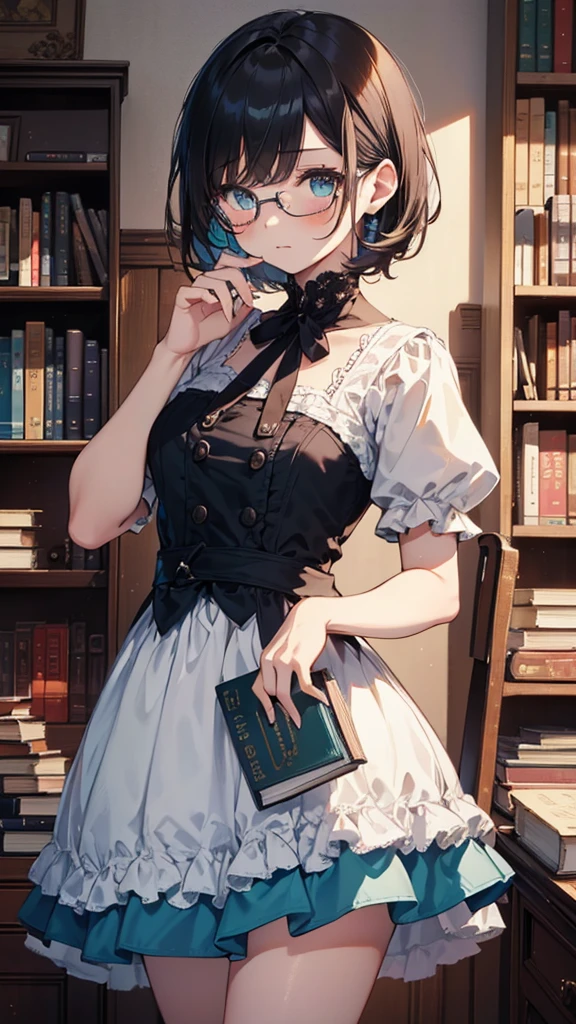 (masterpiece), (best quality), ((very detailed)), (very delicate), (A young girl),10-year-old girl, ash short hair. Soft, shiny hair. Clear cyan droopy eyes, long bangs covering her eyes. Wears glasses to avoid eye contact., Cute frilly dress with detailed textures, Luxurious room with bookshelves and fancy furniture. Often reading books,Shy, always looking down, lacking confidence, on the verge of tears