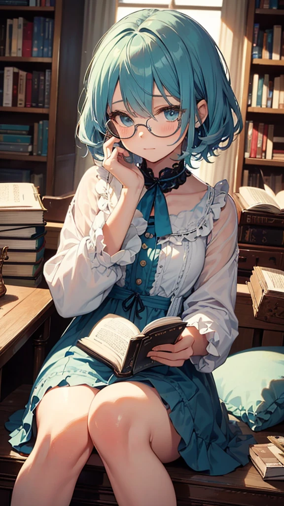 (masterpiece), (best quality), ((very detailed)), (very delicate), (A young girl),-yeld gi ash short hair. Soft, shiny hair. Clear cyan droopy eyes, long bangs covering her eyes. Wears glasses to avoid eye contact., Cute frilly dress with detailed textures, Luxurious room with bookshelves and fancy furniture. Often reading books,Shy, always looking down, lacking confidence, on the verge of tears