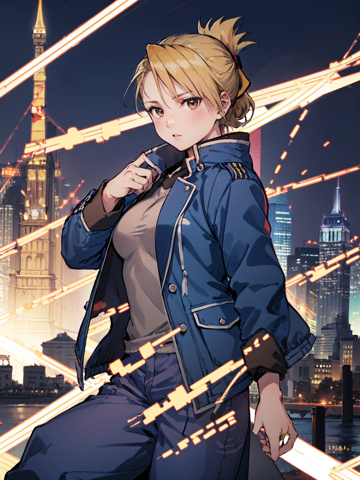 masterpiece, Highest quality, High resolution, One girl, (Riza Hawkeye, Blue jacket), Folded ponytail, Brown eyes, , (uniform, Blue jacket, Blue pants), ,Big Breasts, 
