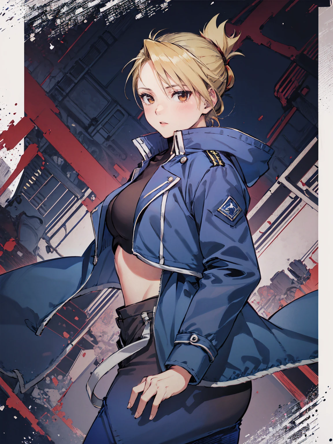 masterpiece, Highest quality, High resolution, One girl, (Riza Hawkeye, Blue jacket), Folded ponytail, Brown eyes, , (uniform, Blue jacket, Blue pants), ,Big Breasts,