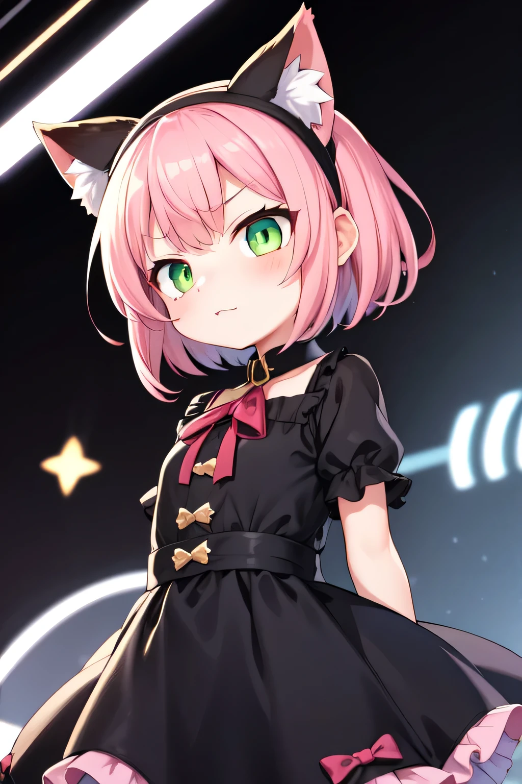 1girl, malevolent, evil look, pink hair, short hair, green eyes, animal ears, fake animal ears, cat ears, hairband, dress, striped, night background,Annie Hastur, Smol, Cat Ears Headband, dynamic angle, ,