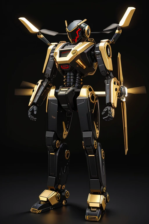 humanoid drone, robot, mechanical, black and gold machine