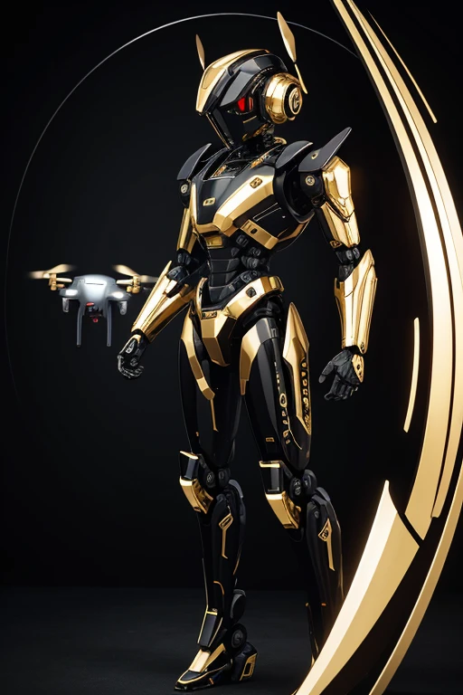 humanoid drone, robot, mechanical, black and gold machine