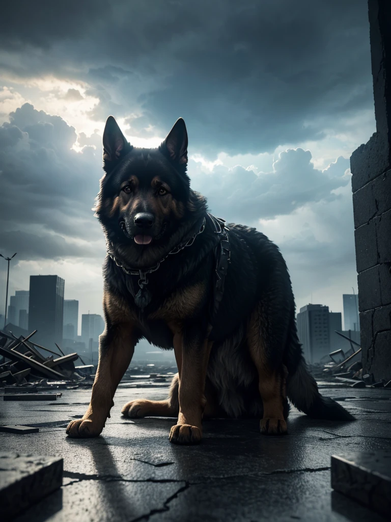 a German Shepherd, Post-apocalyptic landscape, destroyed buildings, cracked floor, cloudy sky, dramatic lighing, dark atmosphere, Detailed fur structure, Alarm printout, muscular body, (best quality,4K,8K,highres,masterpiece:1.2),Ultra-detail,(realisti,photorealisti,photo-realisti:1.37),Film composition,Atmospheric color palette,dramatic shadows,depth of field,Professional 3D rendering