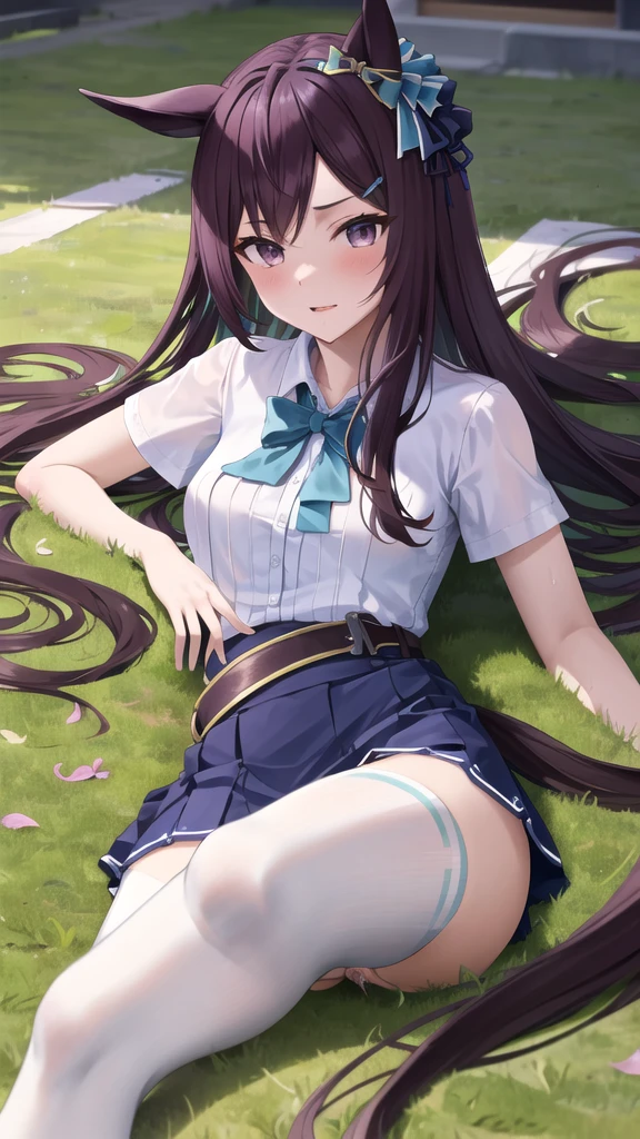 masterpiece, best quality, highres, ccsuzuka, long hair, animal ears, ear covers, white hairband, horse tail, white shirt, green ribbon, short sleeves, blue skirt, black pantyhose,(((lying,vaginal,sex)))