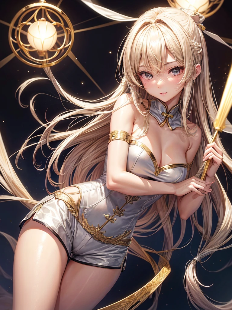 Beautiful half-Chinese-Japanese woman with light blond hair, her hair is medium length. Wear a white, gold-trimmed outfit with a strapless top and shorts. She is a very mysterious and sexy mage.