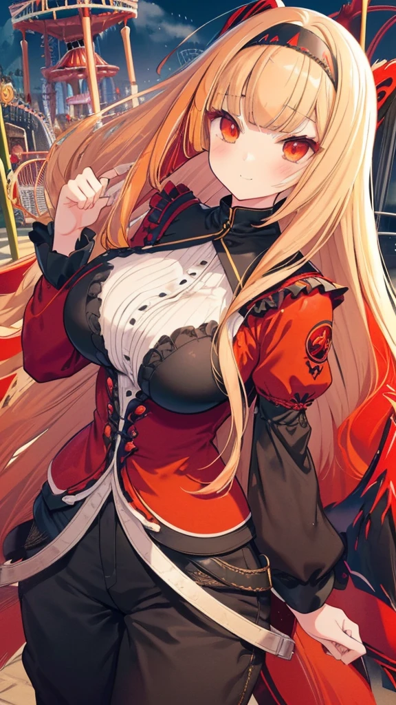 best quality, extremely detailed,anime style girl,((wavy)) long hair,((((blunt bangs)))),(hair between eyes),bright blond hair,beautiful detailed eyes,Orange eyes,Sharp eyes with many eyelashes,huge breasts,(((casual black and scarlet clothing))),short pants,trousers,hair ornament,((((amusement park)))),smile,((dynamic pose))