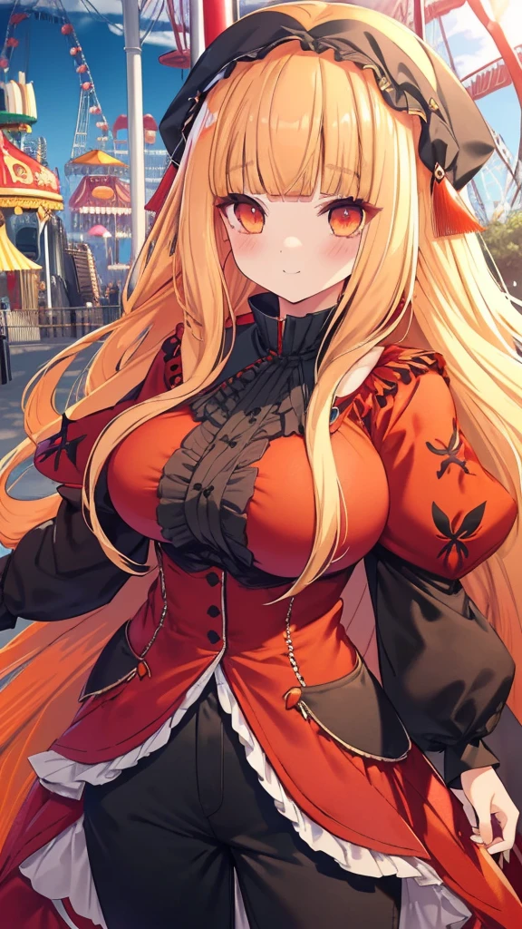 best quality, extremely detailed,anime style girl,((wavy)) long hair,((((blunt bangs)))),(hair between eyes),bright blond hair,beautiful detailed eyes,Orange eyes,Sharp eyes with many eyelashes,huge breasts,(((casual black and scarlet clothing))),short pants,trousers,hair ornament,((((amusement park)))),smile,dynamic pose