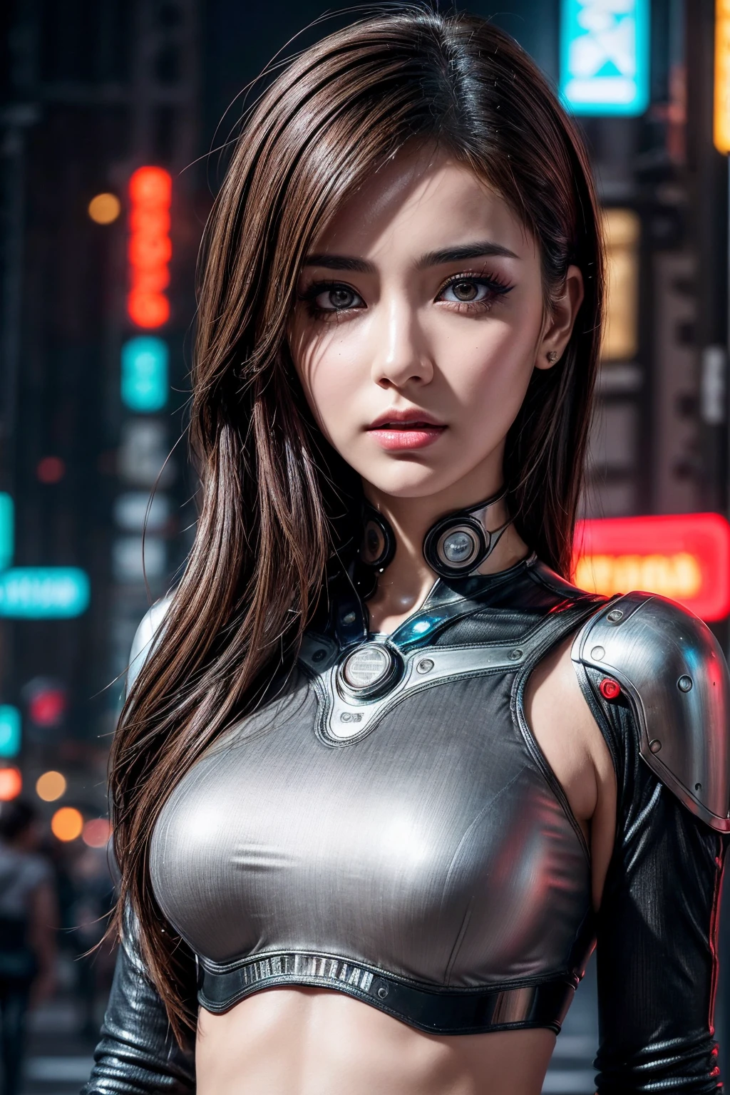 (photorealistic Realism 16K Quality, ultra-fine digital art), (Hyper-realistic proportional body, anatomically correct:1.3), (((beautiful cyberpunk woman))), ((upper body to navel shot:1.32)), Portrait, ((Short, bright red, messy hair)), Black Eyeshadow, ((futuristic cyberpunk street style:1.4)), (Urban Background:1.25), Heavy makeup, Digital Art, Trending on Art Station, highly detailed, The finer details, Complex, beautiful detailed glow, (super detailed beautiful, slim and sharp-face), (light pale complexion). BREAK, (Super beautiful, (Insanely details brown_eyes1.25), ((Hyperrealistic sharp real human eyes)), (tired and sleepy and satisfied:0.0), perfect round eyes, (finely detailed pupils:1.3), detailed, (neon lighting), High resolution, detailed facial features,Sharp focus, Smooth, beautiful, (dark_shot:1.1), This work is in the style of (science fiction futurism) with a (cold palette) that adds depth and richness to the scene, creating a sense of ((anger)) and ((suffering)). (The landscape) is harmoniously balanced, inviting the viewer to immerse themselves in the atmosphere of the cyberpunk city, feel the breeze and listen to the gentle ((falling rain)).