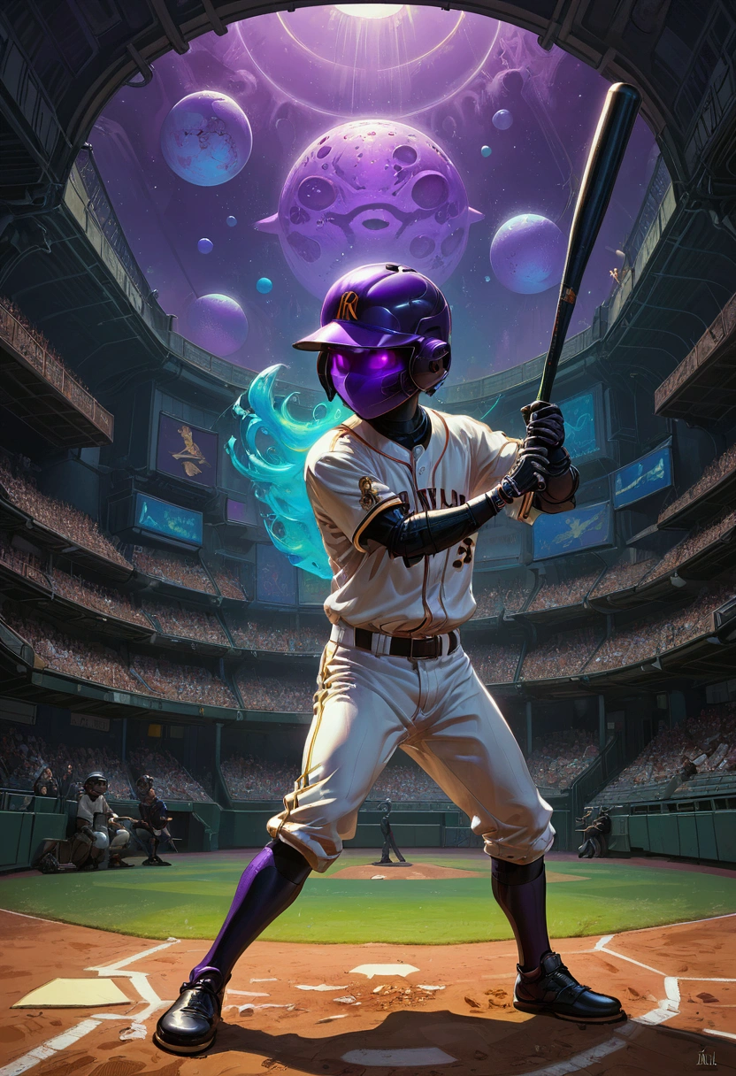 1boy, baseball player, batting stance, (alien dressed as a baseball player, batting) a masterpiece, 8k resolution, dark fantasy concept art, by Greg Rutkowski, dynamic lighting, hyperdetailed, intricately detailed, Splash screen art, trending on Artstation, deep color, Unreal Engine, volumetric lighting, Alphonse Mucha, Jordan Grimmer, purple and yellow complementary colours, masterpiece, best quality, very aesthetic, absurdres