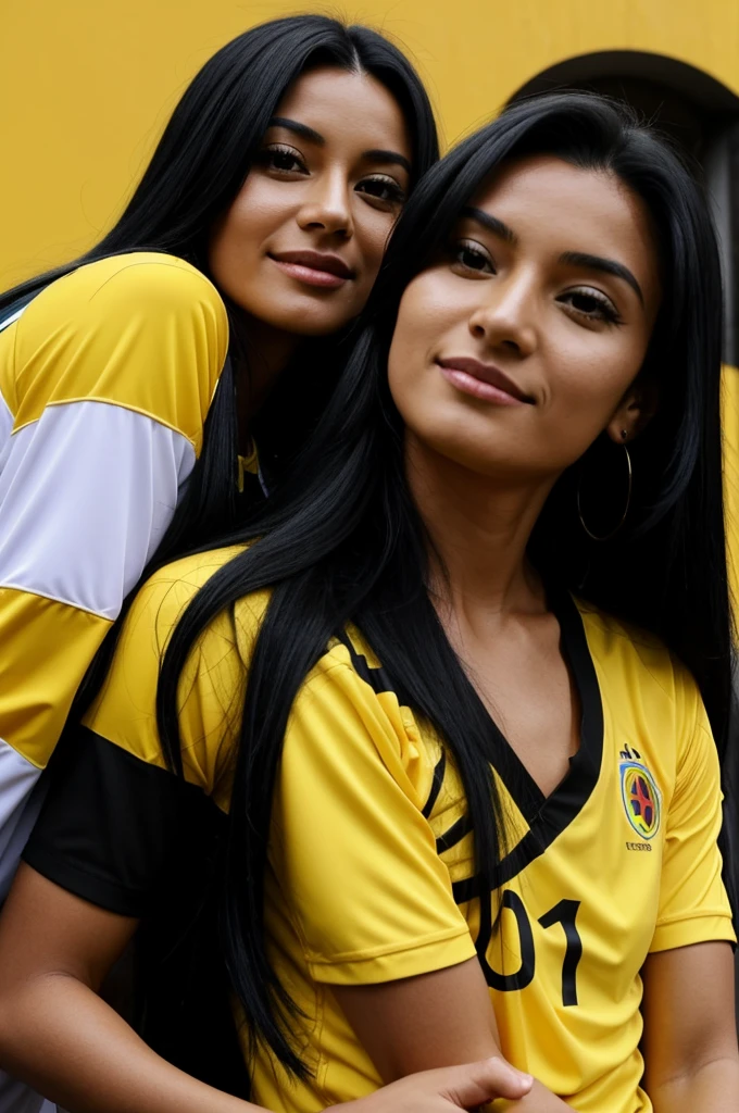 A woman with long black hair wearing the yellow shirt of the Colombian national team, Alix's name and the number 9 appear on the shirt
, Next to him is a man with black hair wearing the yellow shirt of the Colombian team., J's name appears on the shirt. David and the number 10