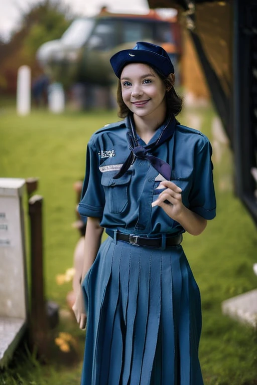 Young beautiful girl, Emma Myers, American, SOFT SMILING FACE, HAVE A BROWN HAIR, wears an old work cap, 19th century, poverty-stricken clothes, old torn clothes, 19th century period clothing, holding a bouquet, standing before her grandparents' tombstones, cemetery background, dark cities background, night time, midnight background.