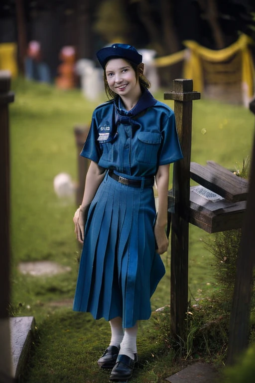 Young beautiful girl, Emma Myers, American, SOFT SMILING FACE, HAVE A BROWN HAIR, wears an old work cap, 19th century, poverty-stricken clothes, old torn clothes, 19th century period clothing, holding a bouquet, standing before her grandparents' tombstones, cemetery background, dark cities background, night time, midnight background.