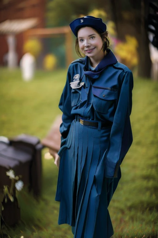 Young beautiful girl, Emma Myers, American, SOFT SMILING FACE, HAVE A BROWN HAIR, wears an old work cap, 19th century, poverty-stricken clothes, old torn clothes, 19th century period clothing, holding a bouquet, standing before her grandparents' tombstones, cemetery background, dark cities background, night time, midnight background.