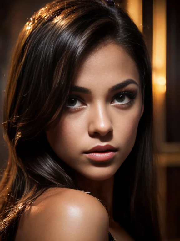 professional, atmospheric lighting, illustration, cover, (black:1.2), (portrait), splash, beautiful face detail, hazel eyes, (attractive young woman:1.3), (seductive:1.1), hips, tanned skin, beautiful metimska, ((huge lips)), eyelashes, One, 1 girl, sultry expression on his face, (squint your eyes:1:1.3) contour