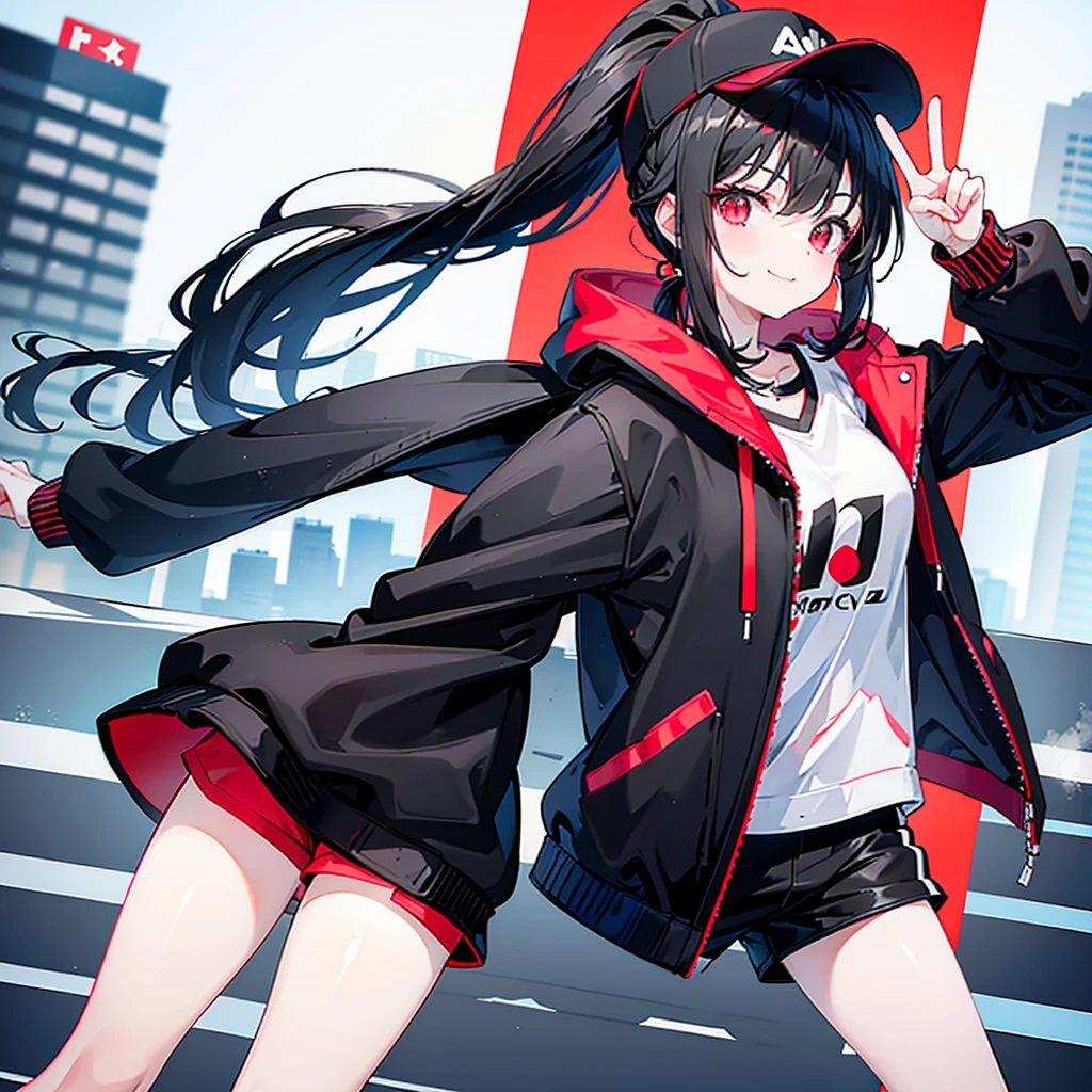 (ponytail),(Black Hair),beautiful girl,Peace sign near face, Wear a black hat,Red sneakers,In the crowd,White tops,Black jacket,Black shorts,Tall buildings,signal machine,A lot of people,smile,10メートル離れている