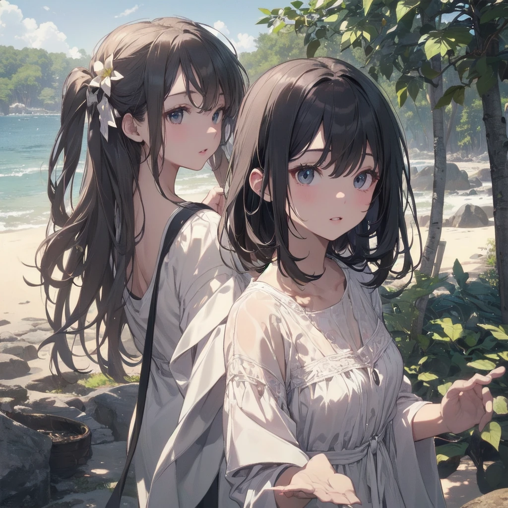 (Highest quality、masterpiece、High resolution、8K)、Vibrant colors、1 female、Long black hair、whole body、barefoot、thin、(Detailed face、Beautiful Eyes、Beautiful Nose、Pretty lips)、A woman in a white dress jumps high、Official Art、blue sky、Wide sandy beach、Wide forest、