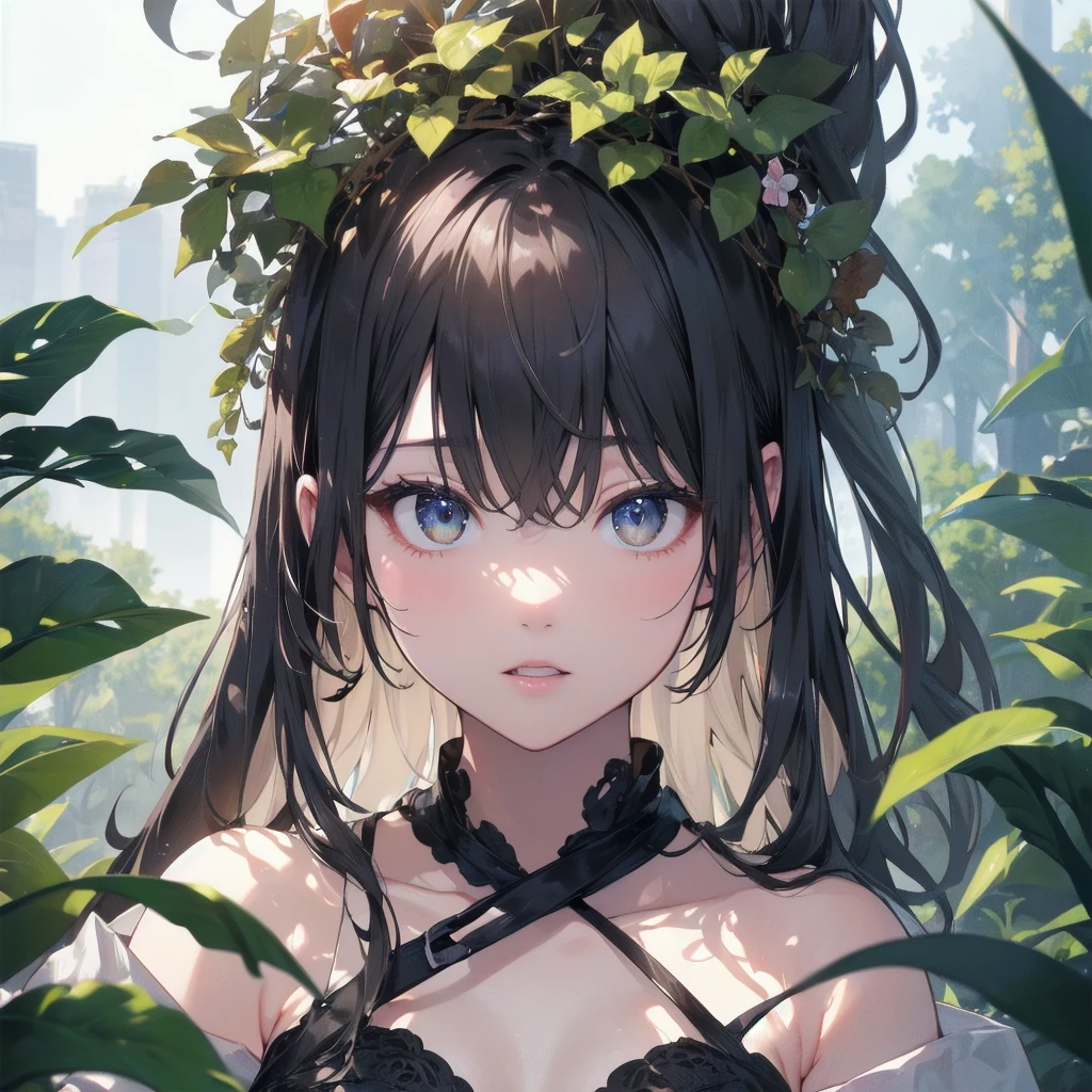 masterpiece, highest quality, female figure, blue green central heterochromia eyes, long brown hair, white nightgown, cute, (dynamic lighting:1.2), cinematic lighting, delicate features, fine eyes, sharp pupils, realistic student, Depth of bounds written, Bokeh, sharp focus, (very detailed, bloom, shine:1.4), gloomy, very skinny, prominent collarbones