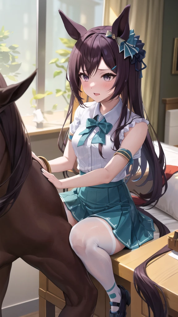 masterpiece, best quality, highres, ccsuzuka, long hair, animal ears, ear covers, white hairband, horse tail, white shirt, green ribbon, short sleeves, blue skirt, black pantyhose,(((vaginal,sex)))