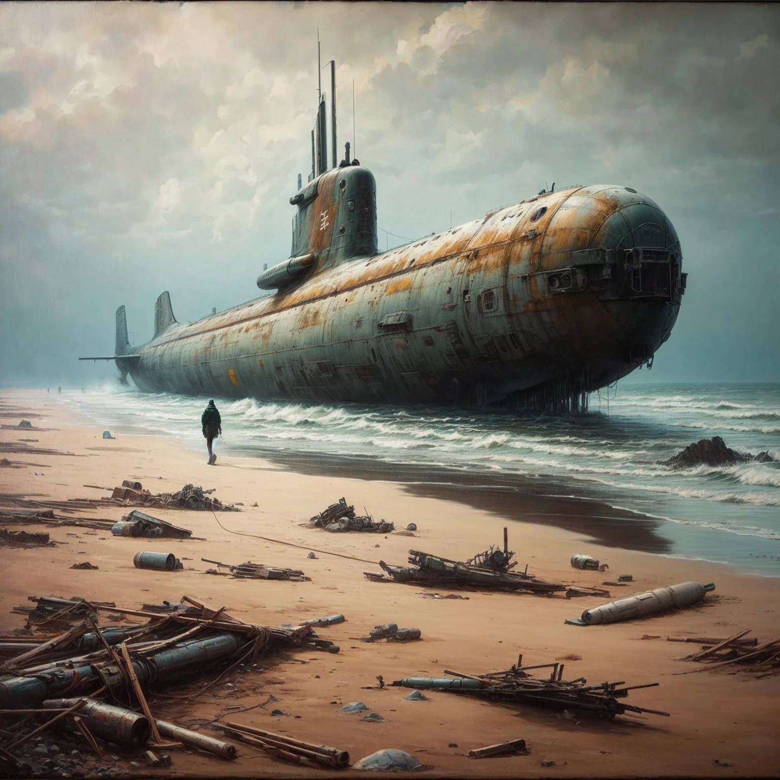 painting of a submarine on the beach with a person walking on the shore, beached submarine, simon stälenhag, stefan koidl inspired, beksisnski, by Simon Stålenhag, simon stålenhag. digital art, inspired by Simon Stålenhag, by Artur Tarnowski, alejandro burdisio art