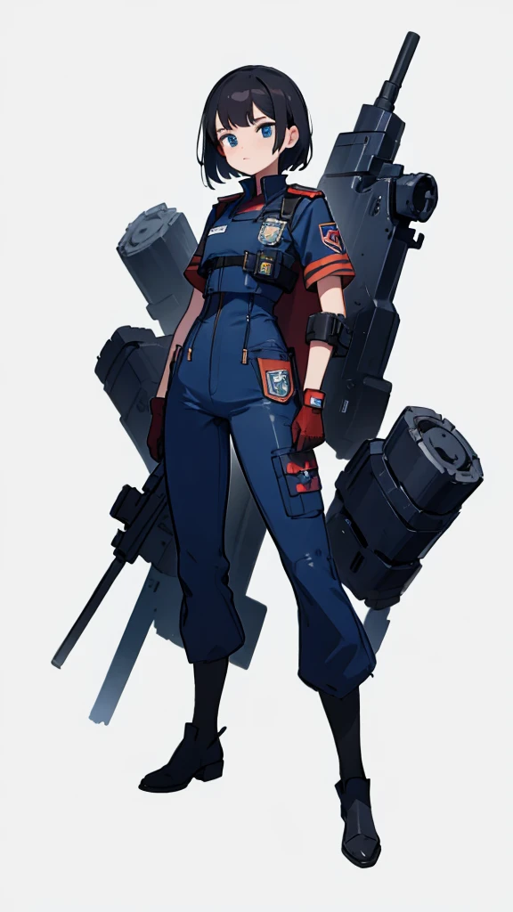 1,An android that resembles a human,Deep blue eyes,Short black hair,Dark blue uniform,Island symbol on chest,Red armband on right arm,gloves,Dark blue pants for easy movement,Many side pockets,Black leather boots,badge,White background,whole body,Character portrait,