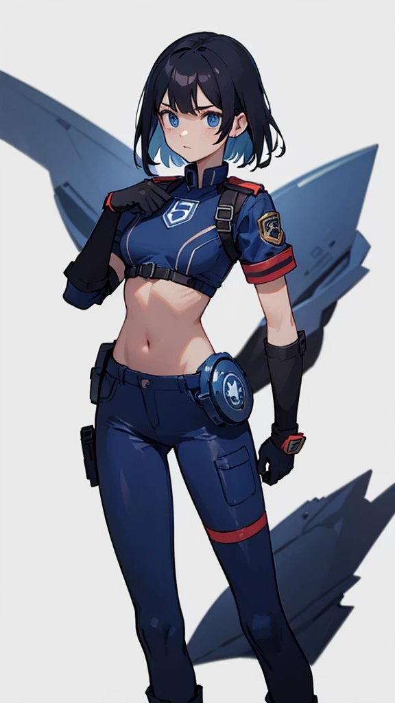 1,An android that resembles a human,Deep blue eyes,Short black hair,Dark blue uniform,Island symbol on chest,Red armband on right arm,gloves,Dark blue pants for easy movement,Many side pockets,Black leather boots,badge,White background,whole body,Character portrait,