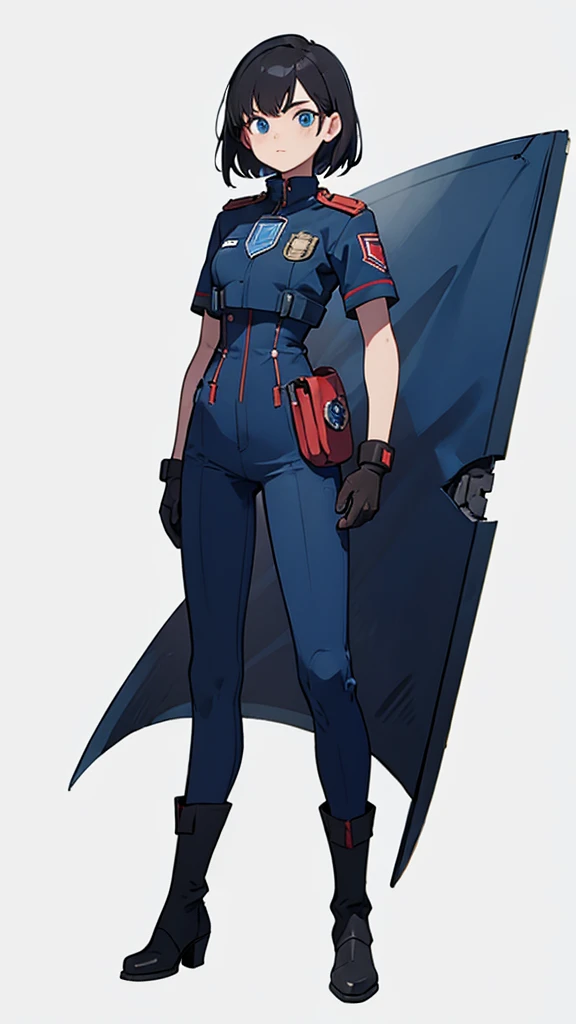 1,An android that resembles a human,Deep blue eyes,Short black hair,Dark blue uniform,Island symbol on chest,Red armband on right arm,gloves,Dark blue pants for easy movement,Many side pockets,Black leather boots,badge,White background,whole body,Character portrait,