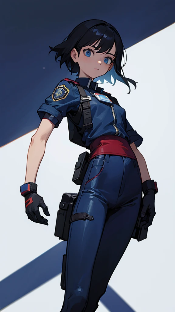 1,An android that resembles a human,Deep blue eyes,Short black hair,Dark blue uniform,Island symbol on chest,Red armband on right arm,gloves,Dark blue pants for easy movement,Many side pockets,Black leather boots,badge,White background,whole body,Character portrait,