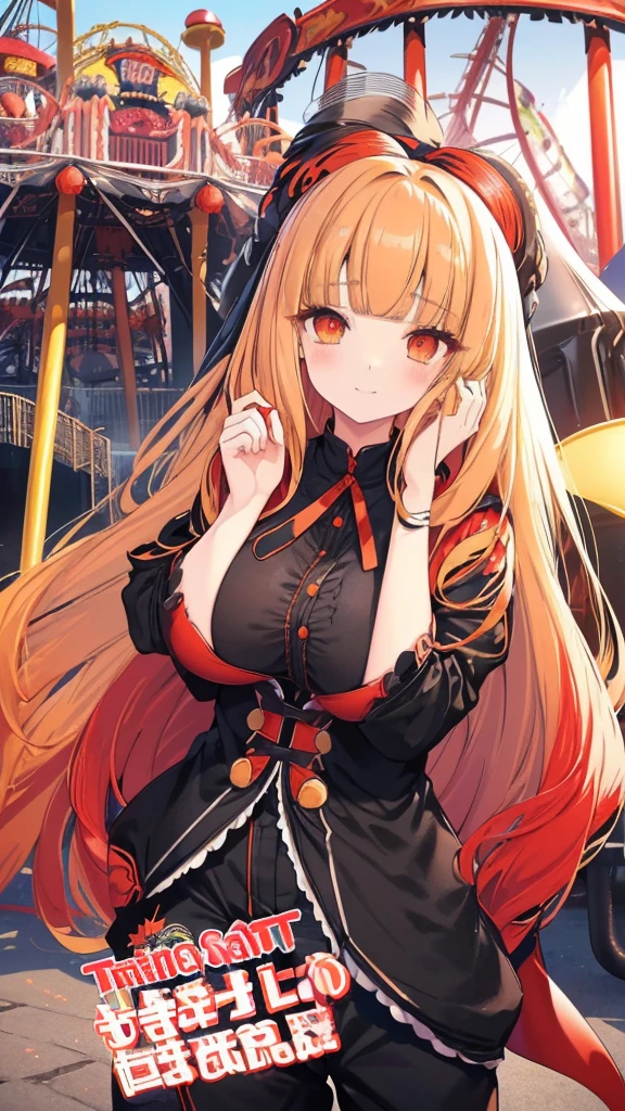 best quality, extremely detailed,anime style girl,((wavy)) long hair,((((blunt bangs)))),(hair between eyes),bright blond hair,beautiful detailed eyes,Orange eyes,Sharp eyes with many eyelashes,huge breasts,(((casual black and scarlet clothing))),short pants,trousers,hair ornament,((((amusement park)))),smile,((dynamic pose))