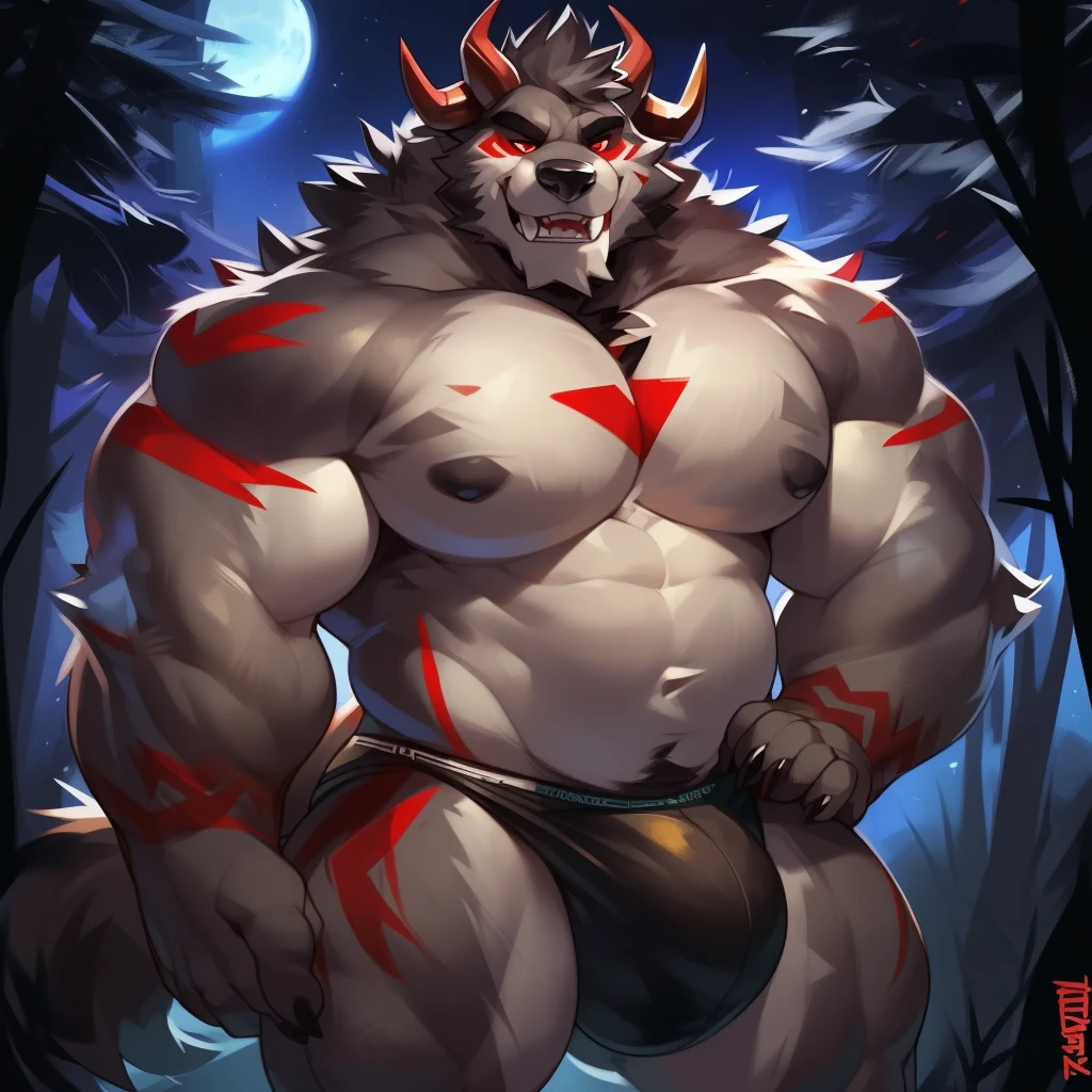 Solo, male (((giant, tall, wolf, werewolf, red eyes, grey body, Muscular, broad shoulders, hyper pecs, huge pecs, huge muscles, abs, muscular arms, muscular thighs, sharp teeth, black chest hair, black nose, tail, fangs, exposed teeth, clawed hands, clawed feet, big tusks, horns, big horns, body marking, red markings, black claws, scruffy cheeks, huge bulge))) forest, night, standing ((male focus, focus wolf, focus teeth)) rubbing stomach, detailed hands, detailed eyes, detailed face, detailed teeth, detailed tusks, detailed arms, detailed abs, detailed bulge, detailed snout, briefs, black briefs, big briefs, accurate tusk placement, perfect anatomy, by darkgem, by mystikfox61, by glitter trap boy