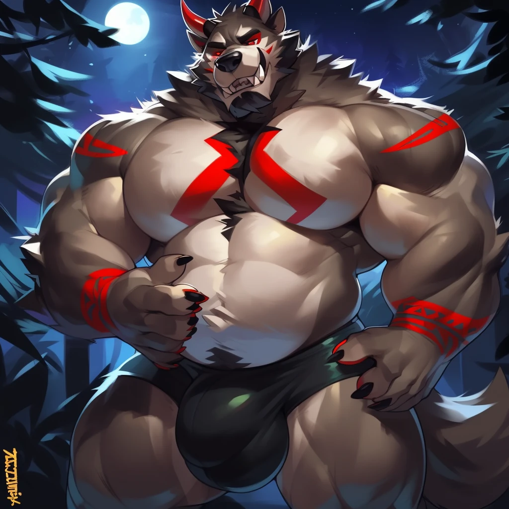 Solo, male (((giant, tall, wolf, werewolf, red eyes, grey body, Muscular, broad shoulders, hyper pecs, huge pecs, huge muscles, abs, muscular arms, muscular thighs, sharp teeth, black ????? hair, black nose, tail, fangs, exposed teeth, clawed hands, clawed feet, big tusks, horns, big horns, body marking, red markings, black claws, scruffy cheeks, huge bulge))) forest, night, standing ((male focus, focus wolf, focus teeth)) rubbing stomach, detailed hands, detailed eyes, detailed face, detailed teeth, detailed tusks, detailed arms, detailed abs, detailed bulge, detailed snout, briefs, black briefs, big briefs, accurate tusk placement, perfect ???????, by darkgem, by mystikfox61, by glitter trap boy