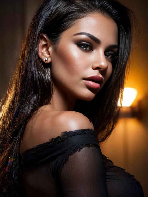 professional, atmospheric lighting, illustration, cover, (black:1.2), (portrait), splash, beautiful face detail, hazel eyes, (attractive young woman:1.3), (seductive:1.1), hips, tanned skin, beautiful metimska, ((huge lips)), eyelashes, One, 1 girl, sultry expression on his face, (squint your eyes:1:1.3) contour