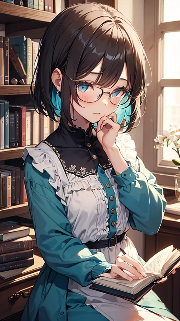 (masterpiece), (best quality), ((very detailed)), (very delicate), (A young girl),10-year-old girl, ash short hair. Soft, shiny hair. Clear cyan droopy eyes, long bangs covering her eyes. Wears glasses to avoid eye contact., Cute frilly dress with detailed textures, Luxurious room with bookshelves and fancy furniture. Often reading books,Shy, always looking down, lacking confidence, on the verge of tears