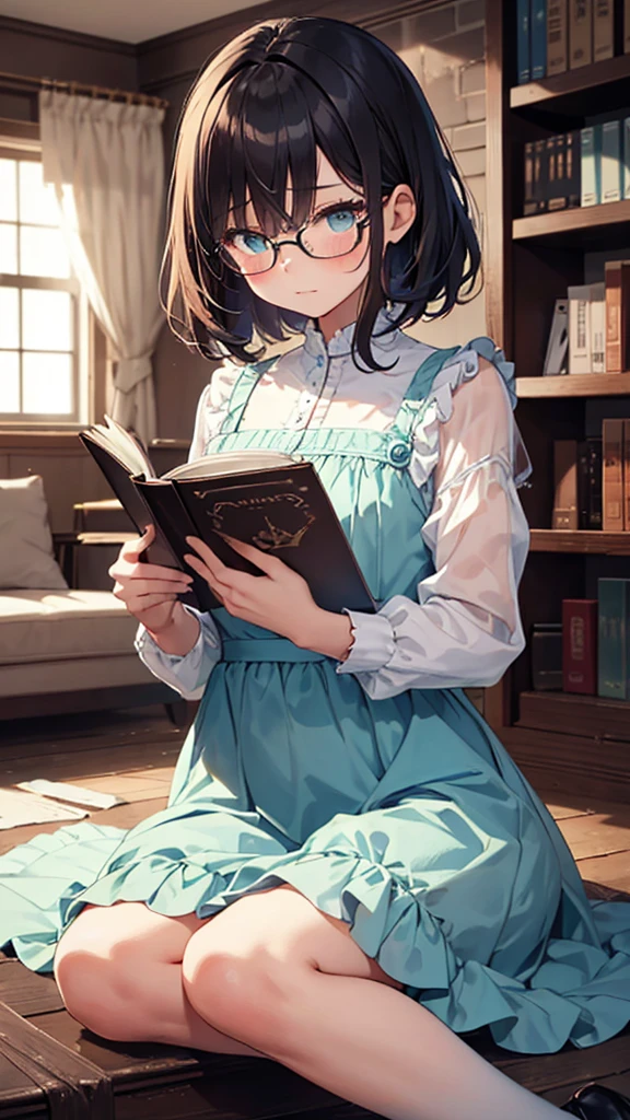 (masterpiece), (best quality), ((very detailed)), (very delicate), (A young girl),-yeld gi ash short hair. Soft, shiny hair. Clear cyan droopy eyes, long bangs covering her eyes. Wears glasses to avoid eye contact., Cute frilly dress with detailed textures, Luxurious room with bookshelves and fancy furniture. Often reading books,Shy, always looking down, lacking confidence, on the verge of tears