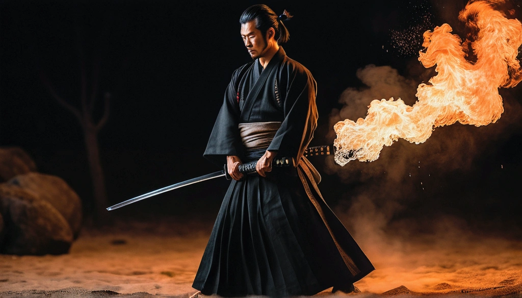 Samurai with a sword, Realistic effect of wearing black hakama, night,Blur the background, 8K, Fire burning on the ground,